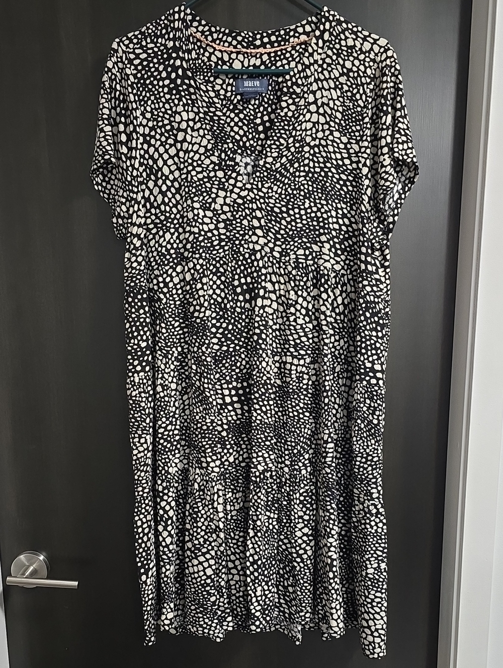Maeve Anthropologie Black and White Abstract Dot Tiered Midi Dress XL